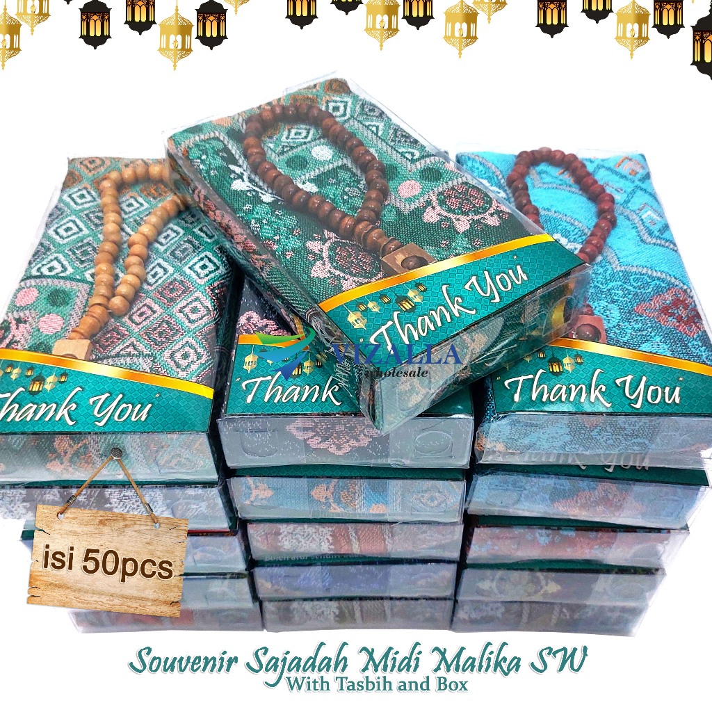 Isi 50pcs Souvenir with Box Sajadah Midi Malika dan Tasbih/ Set Perlengkapan Ibadah/ Souvenir Haji