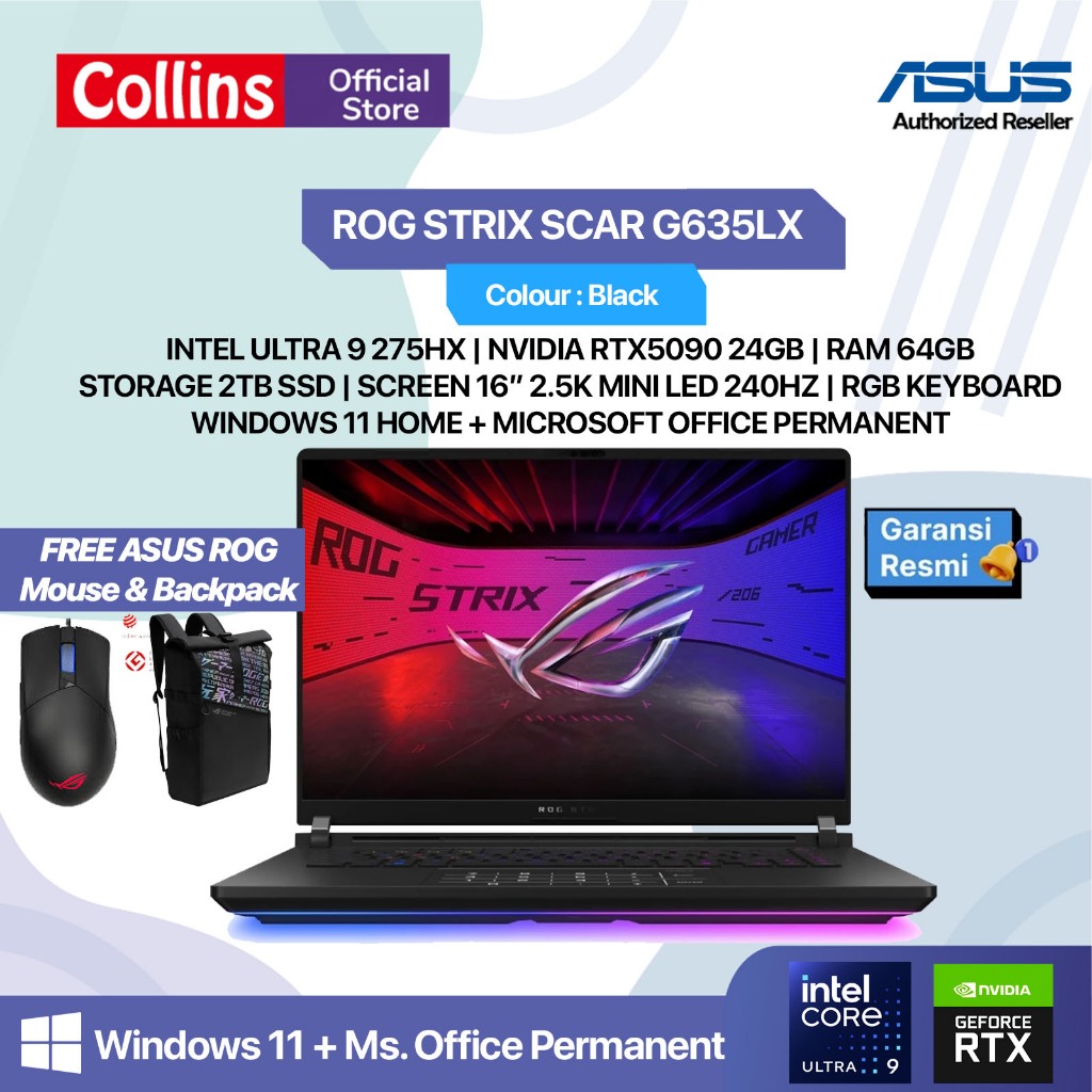 ASUS ROG STRIX SCAR 16 G635LX ULTRA 9 275HX RTX5090 24GB | RAM 64GB 2TB W11+OHS 16.0 2.5K MINILED 240HZ BLACK -I9N59MZT-HM