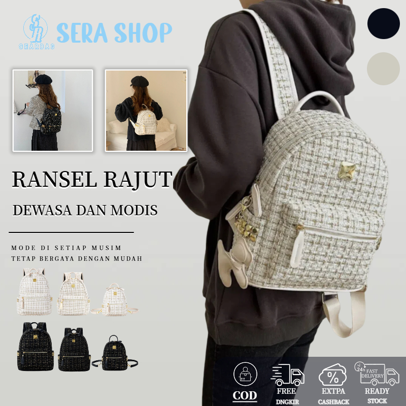 Jual Ready Ransel rajut tweed bagTersedia tas ransel kecil wanita murah