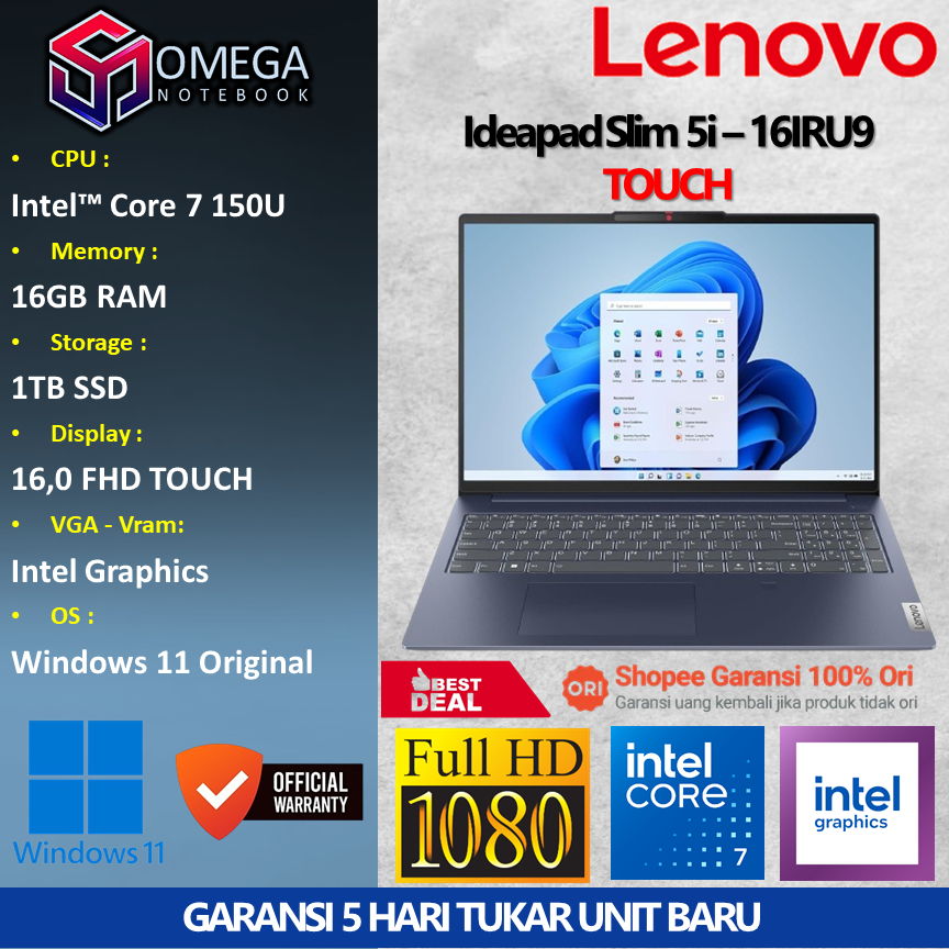 Lenovo Ideapad Slim 5i 16IRU9 TOUCH Core 150U 16GB 1TB SSD iRis Xe 16,0  WUXGA Windows 11