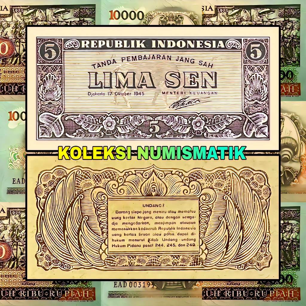 Jual SOUVENIR UANG KERTAS KUNO INDONESIA 5 SEN RUPIAH POLA BUNGA 1945 ...