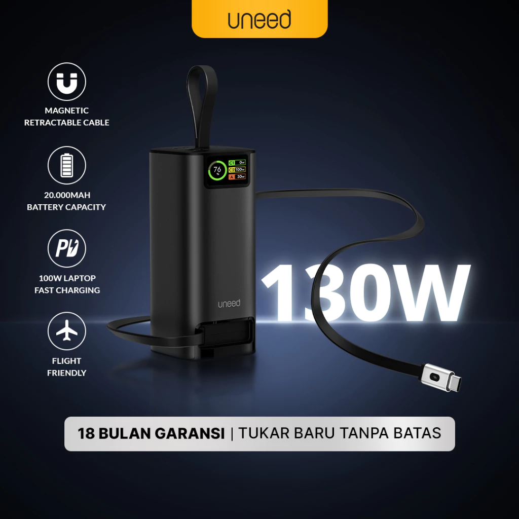 Uneed Powerbank 130W 20000 Mah Laptop Fast Charging QC 4.0 PD 3.0 PPS Samsung Fast Charging - UPB157