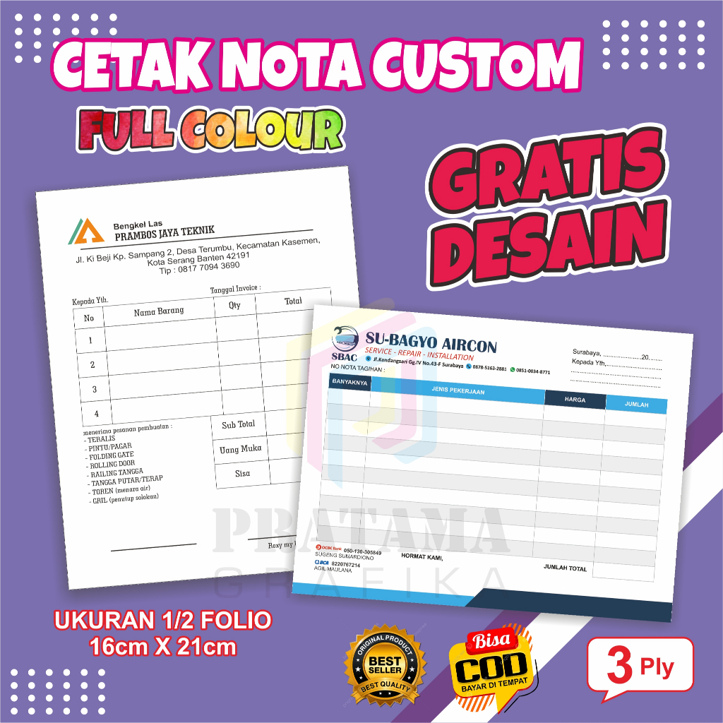 Jual nota custom 3 ply full color nota custom nama logo ukuran besar 1/ ...