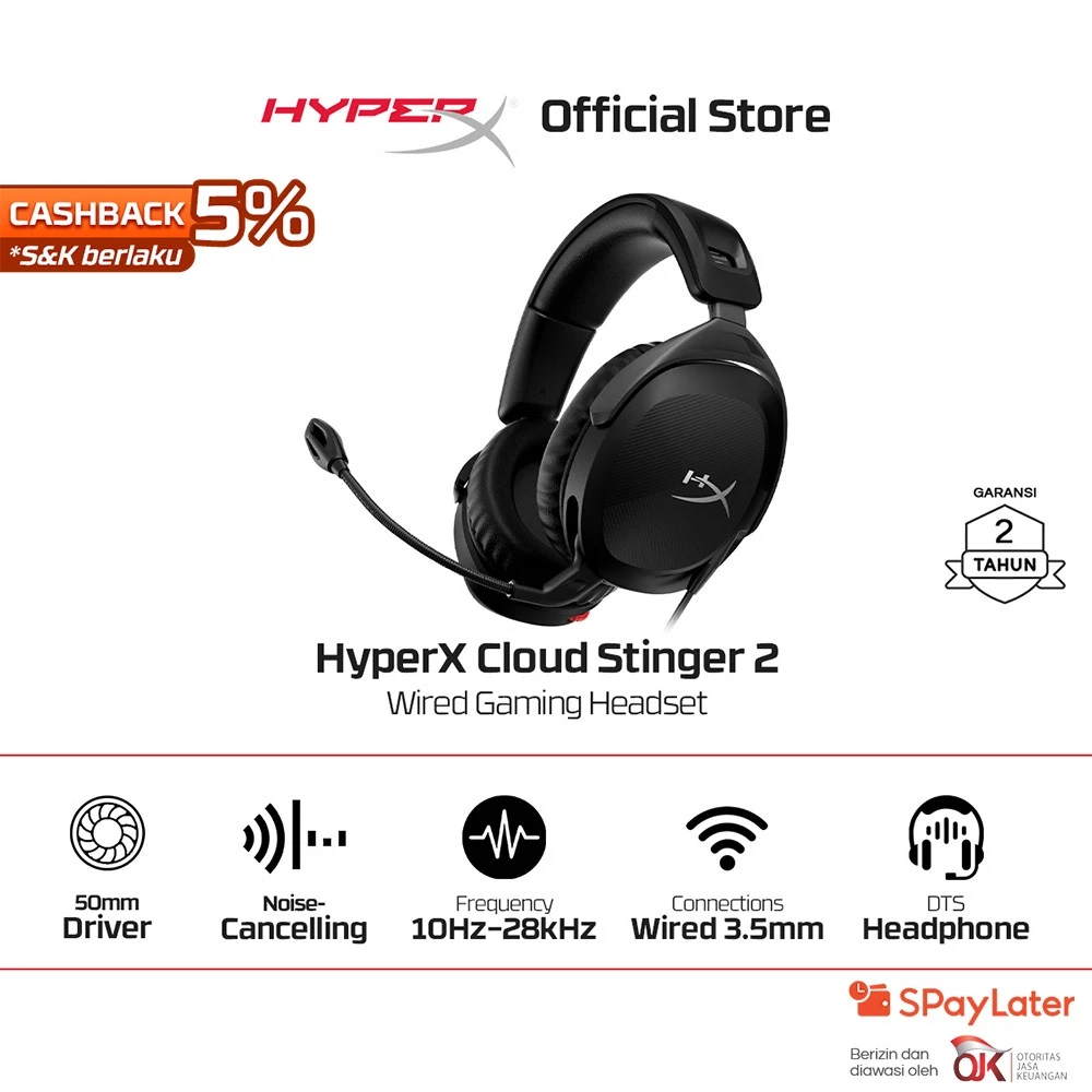 HyperX Headset Gaming Cloud Stinger 2 Wired - Black Noise Cancelling Spatial Audio Rotatable Leather Stereo Bass