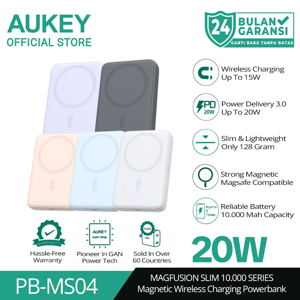 AUKEY Magnetic Wireless Powerbank Magsafe 10000mah USB-C 20W PD 3.0 MagFusion 10000 Series PB-MS04