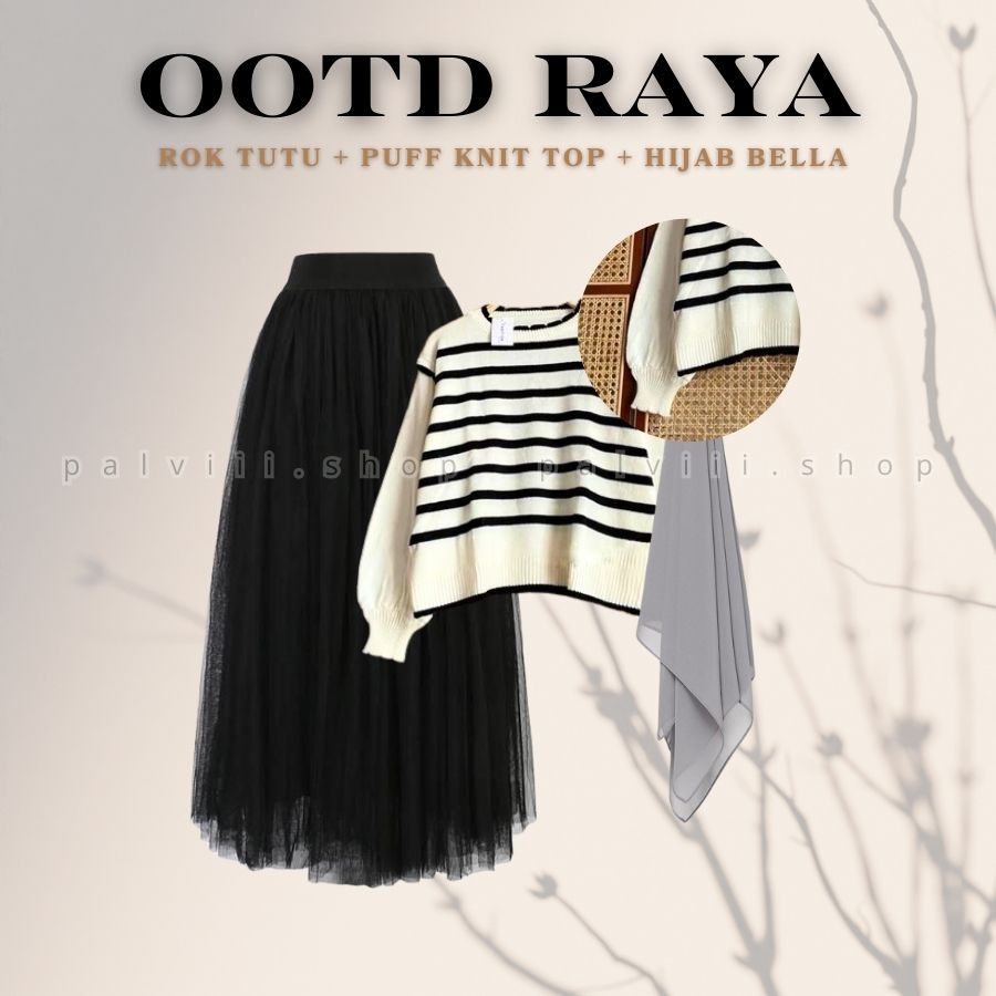 Jual OOTD Raya Puff Knit Top Rok Tutu Hitam Hijab Bella Style