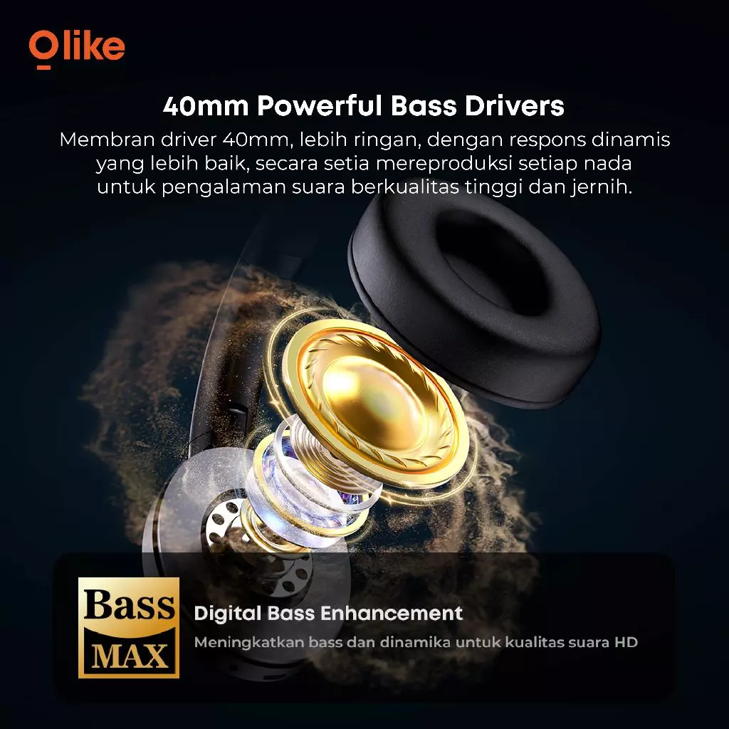 OLIKE Wireless Headphone H3 70 Jam Playing Time Bluetooth 5.4 | Portable & Foldable | 3 EQ Mode ( Normal, Bass, Game ) 