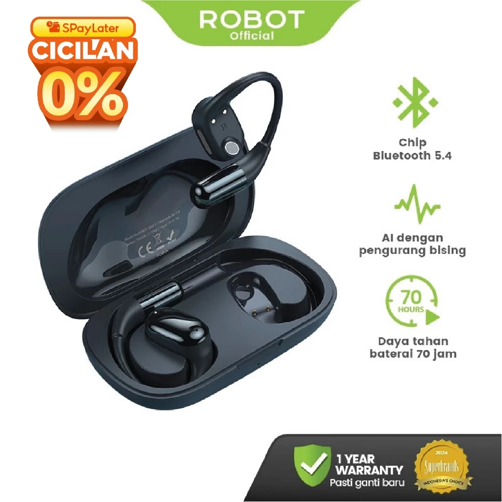 ROBOT True Wireless Open Ear Headphone Earphone Sport Running PlayTime 70 Hours Headset Bluetooth 5.4 Adjustable Ear Hooks