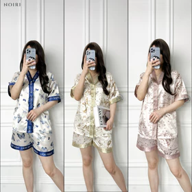 NOIRI Piyama Wanita Set Satin Celana Pendek Lengan Pendek Bahan Satin Premium Baju Tidur