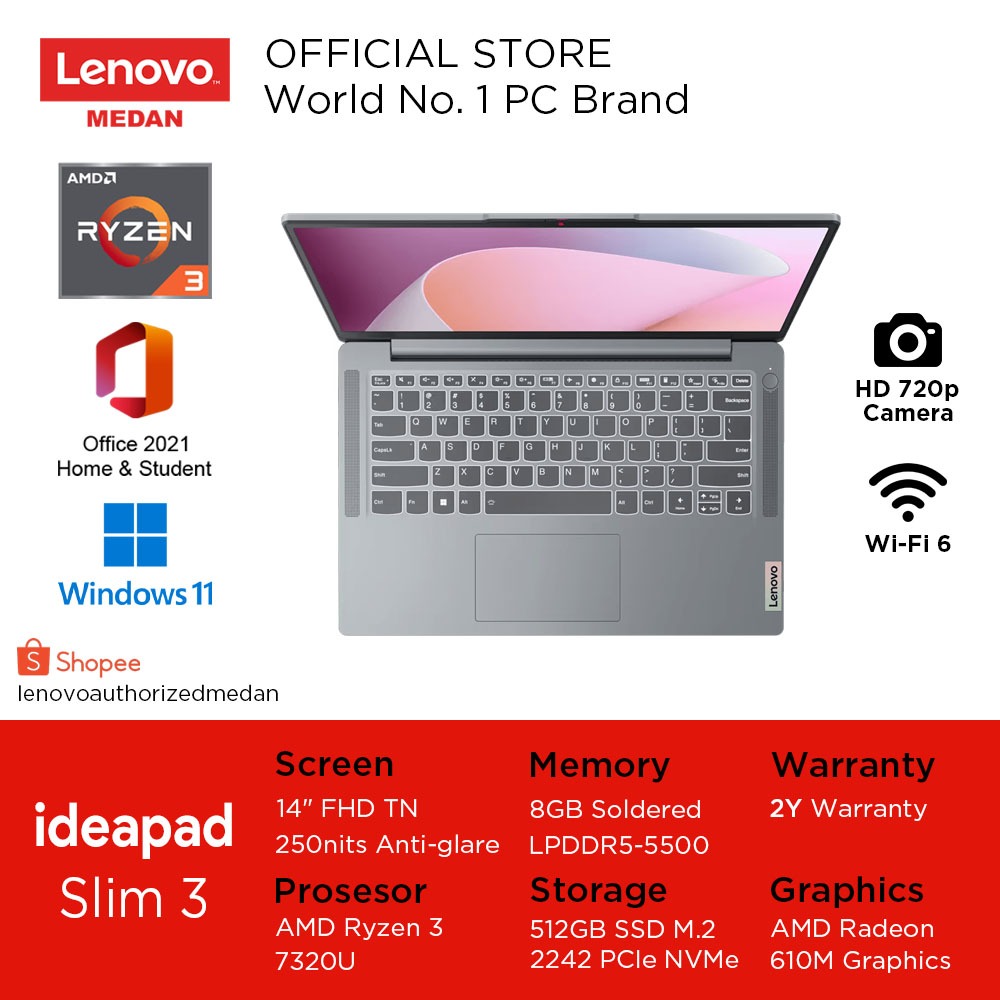 LENOVO IdeaPad Slim 14AMN8 6QID/6RID, AMD  R3-7320/8GB/512GB/W11HSL+OHS/ArticGrey/2Y/14” FHD