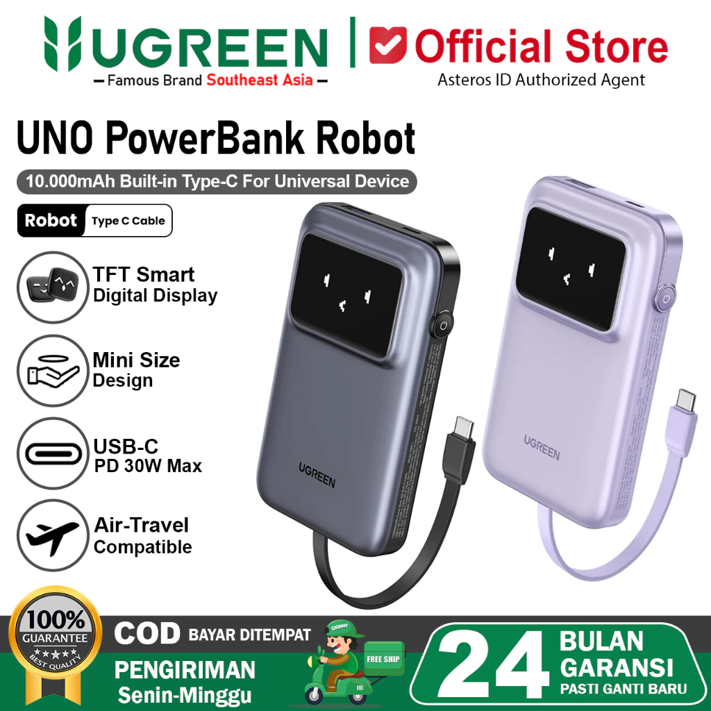 UGREEN UNO Robot Power Bank 10.000mAh PD Fast Charging 30W Built-In Type-C Cable
