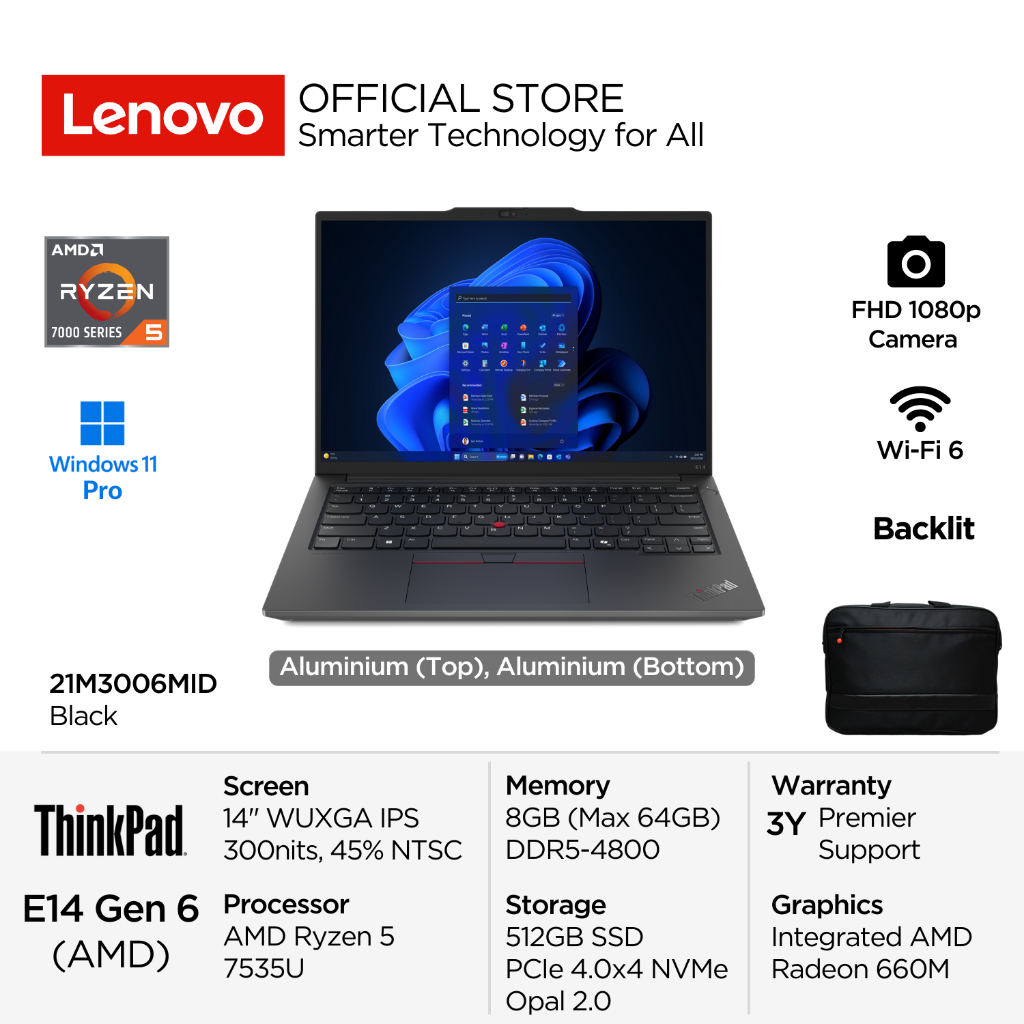 Jual Lenovo ThinkPad E14 G6 6MID AMD Ryzen 5 7535U Win11 Pro 8GB 512GB ...