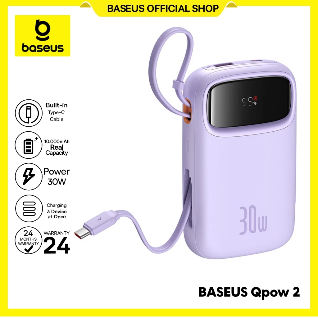 Baseus Power Bank Qpow2 30W 10000mAh With Dual Cable Type C Fast Charging PD 3.0