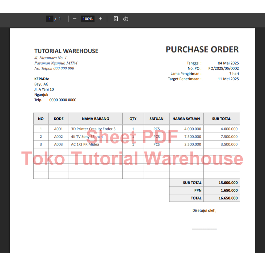 Jual Template GSheets Purchase Order (PO) Otomatis Simpan ke Arsip ...