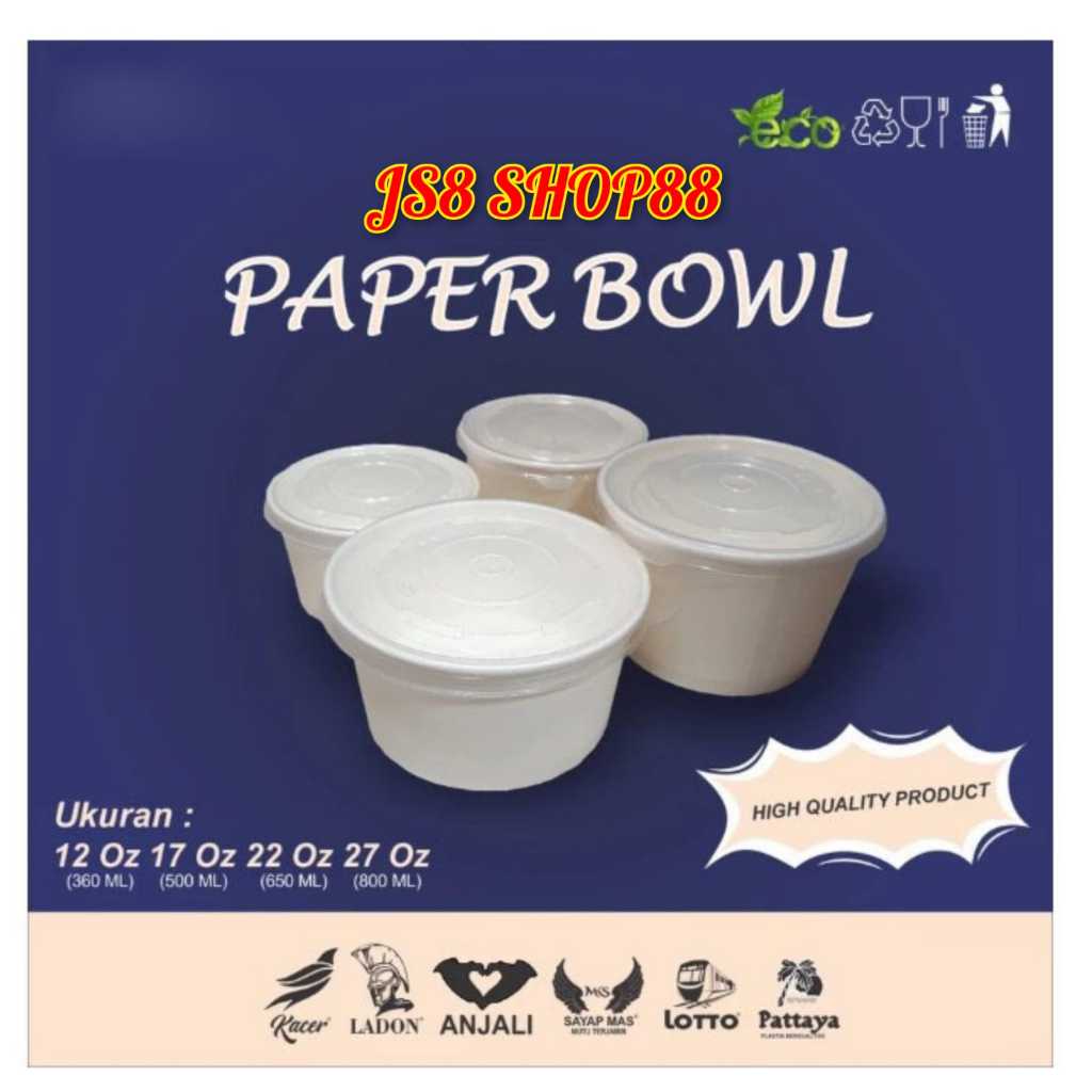Jual (PER SLOP) PAPER BOWL + TUTUP 12OZ 17OZ 22OZ 27OZ 360ML 500ML ...