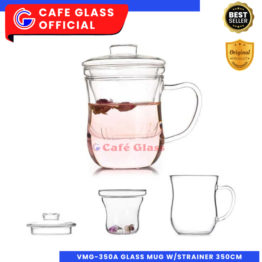 Gelas Cangkir Teh With Infuser Filter 350Ml / Gelas Teh Dengan Saringan & Tutup / Cangkir Teko Teh Kaca / Tea Infuser Mug Saringan Heat Proof - Verone Vmg-350A
