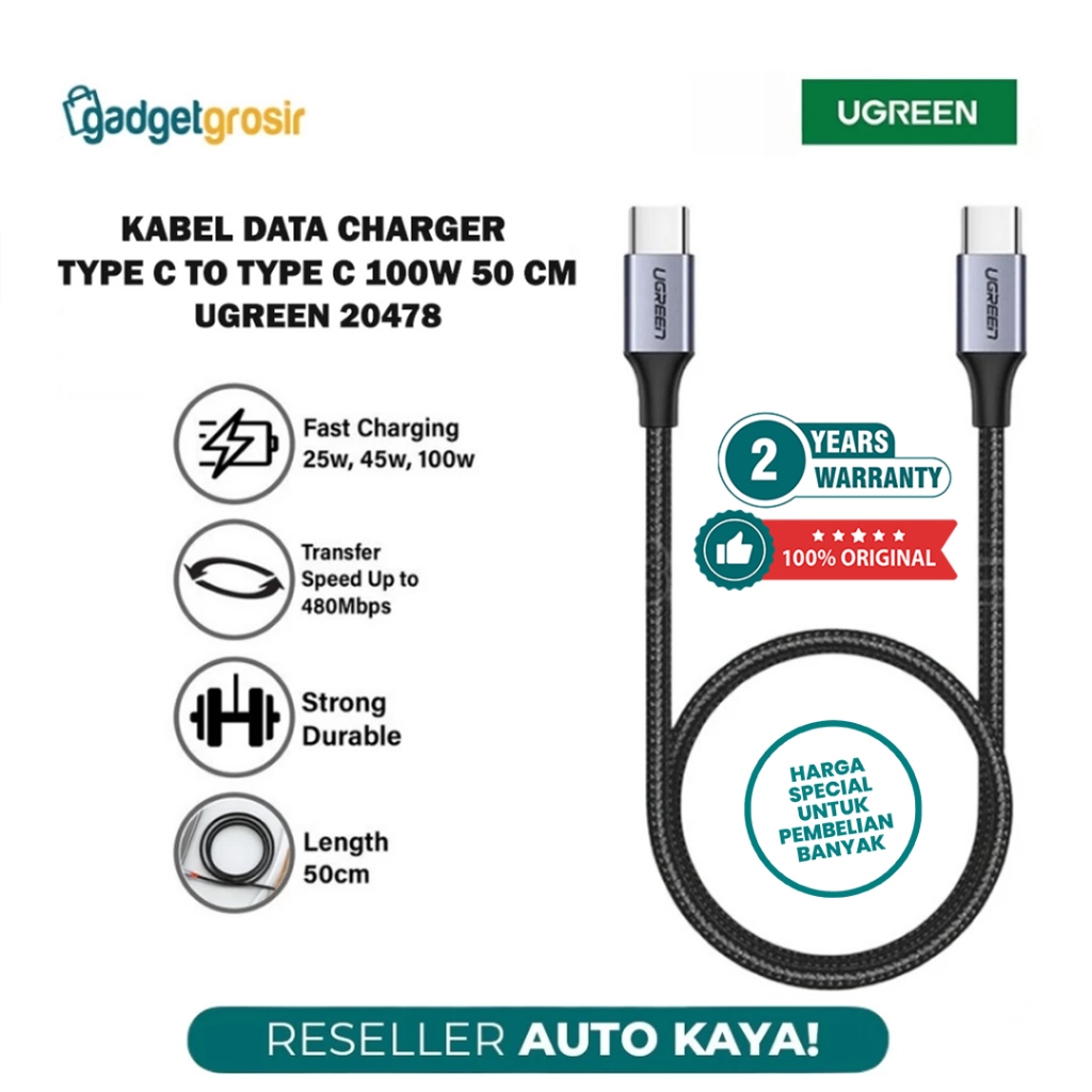 Jual UGREEN Kabel Data Charger Type C to USB Tipe C 100W PD 50cm 20478 ...