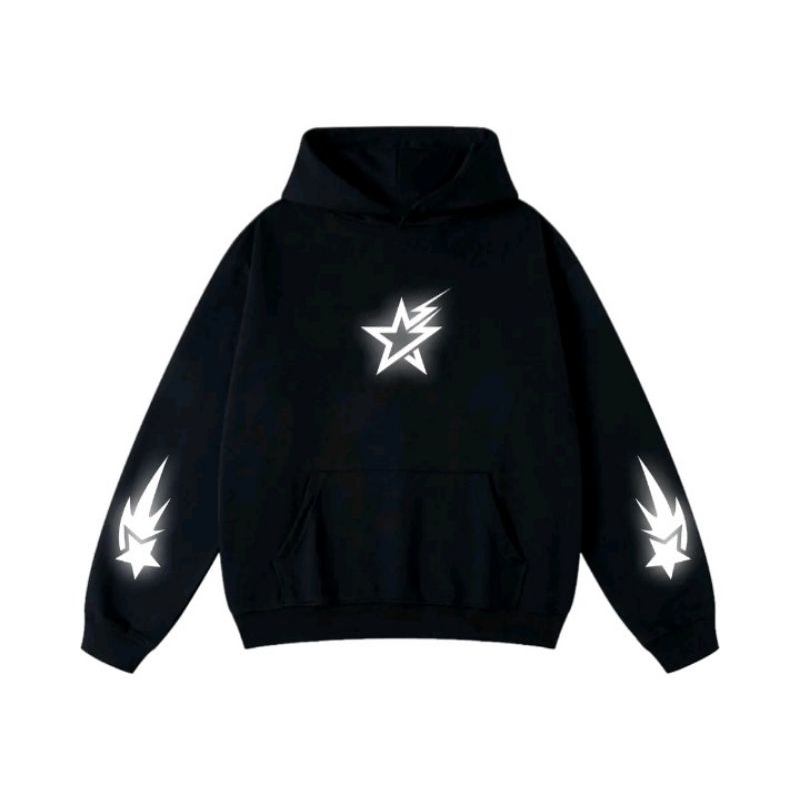 SWEATER HOODIE BOXY SABLON REFLEKTIF MENYALA LOGO BINTANG OVERSIZE UNISEX COD