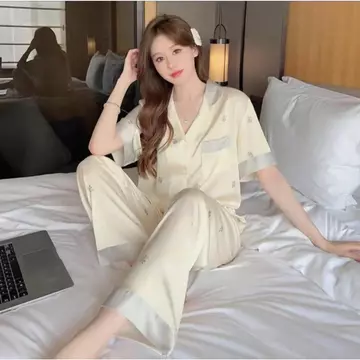 Baju Tidur Piyama Wanita Sutra Sintetis Baju Tidur Wanita Setelan Lengan Pendek Celana Panjang