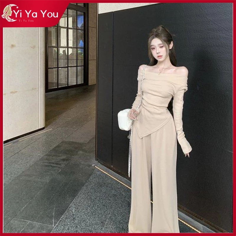 Yi Ya You - Setelan baju dewasa knit rajut halus setelan off shoulder sabrina top gaya santai setelan celana - kemeja wanita kekinian korean style outfit wanita kekinian dress korea casual K052
