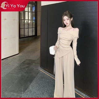 Yi Ya You - Setelan baju dewasa knit rajut halus setelan off shoulder sabrina top gaya santai setelan celana - kemeja wanita kekinian korean style outfit wanita kekinian dress korea casual K052