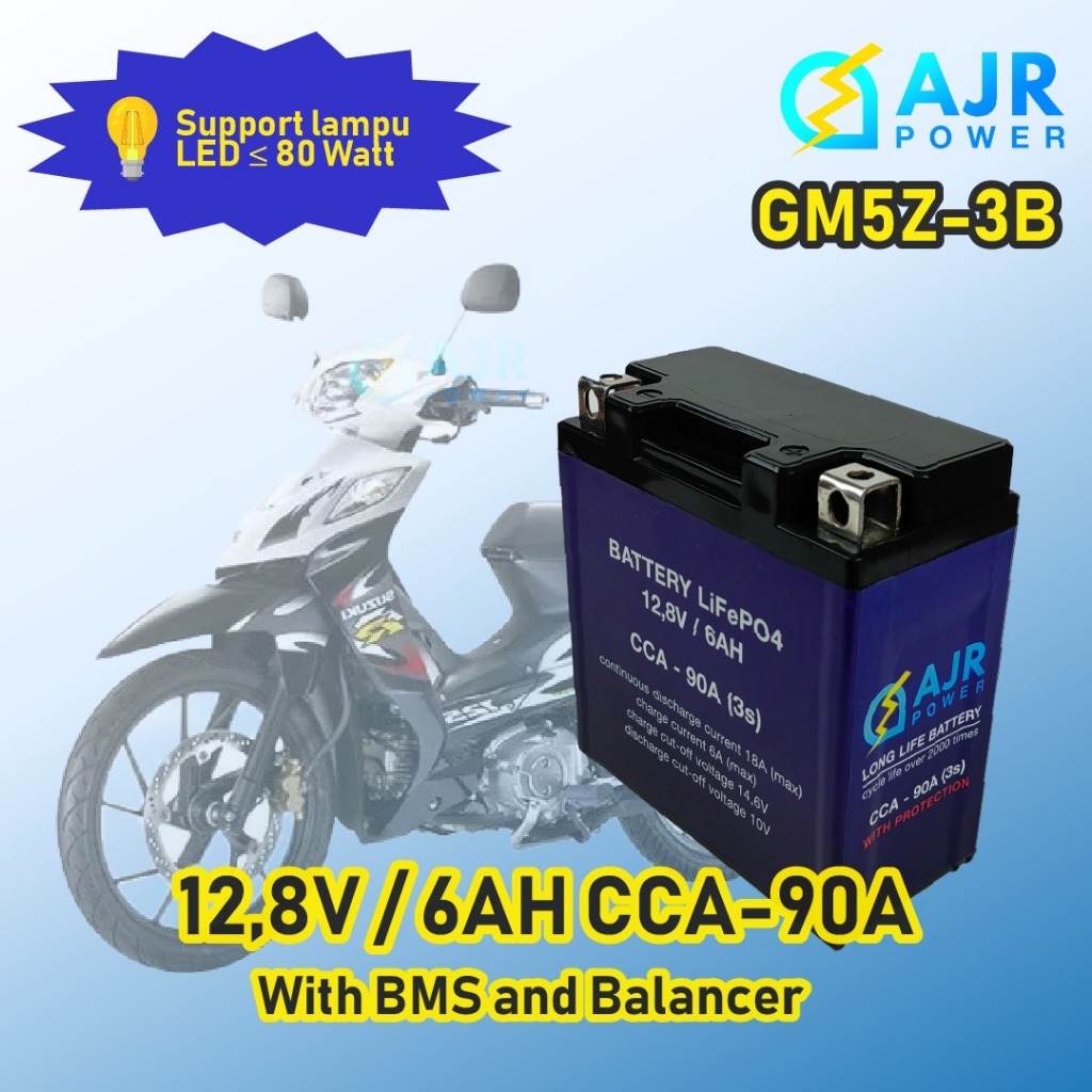ACCU AKI Lithium LiFePo4 GM5Z 3B Supra Jupiter Shogun Legenda Vespa AJR POWER 12V 12,8V 6AH dgn BMS dan BALANCER CCA 90A