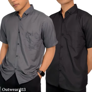 Paket 2 Pcs Kemeja Cowok Lengan Pendek Polos Kasual Bahan Katun Adem Slim Fit