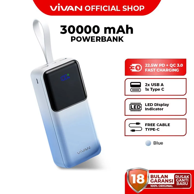VIVAN Powerbank VPB-D30 30.000 mAh Fast Charging PD 22,5W 2 Input & 3 Output Garansi 18 Bulan
