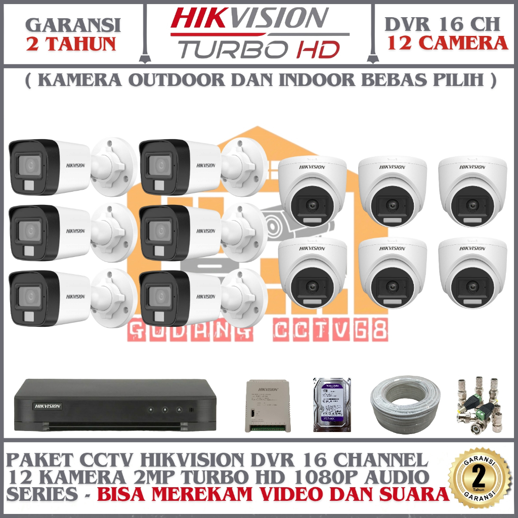 Paket CCTV Hikvision DVR 16 Channel 12 Kamera 2mp Hikvision Turbo HD 1080p  Audio Series komplit