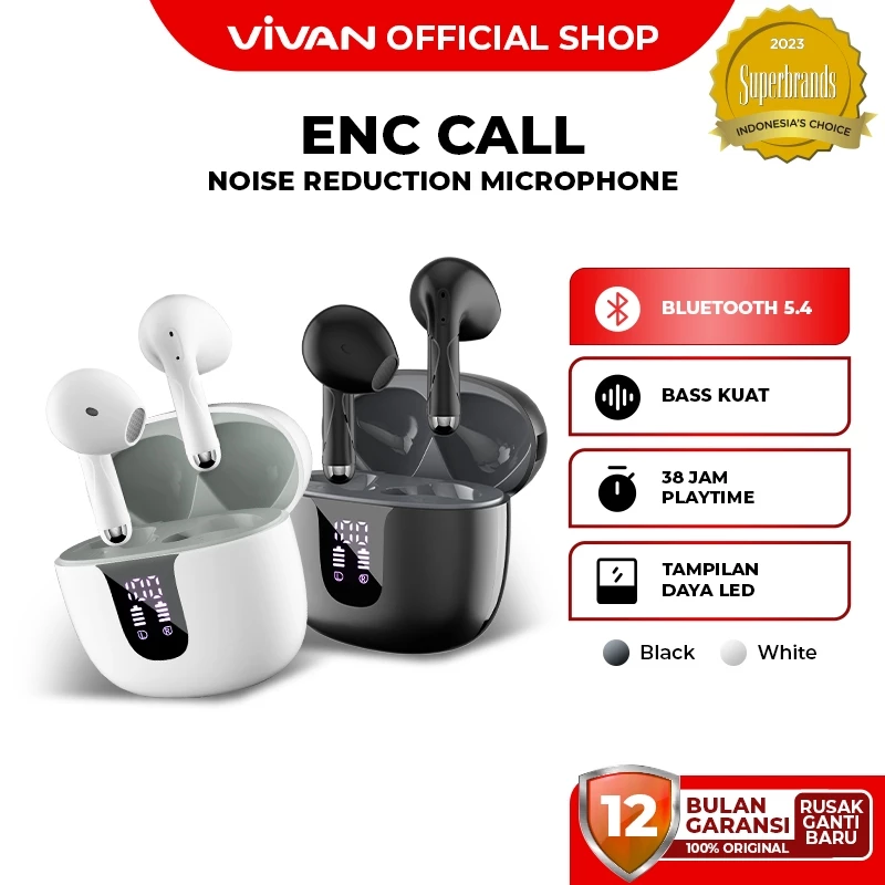 VIVAN TWS ENC LED Display Latensi Rendah 38ms Bluetooth 5.4 Extra Bass GT2S Garansi 12 Bulan