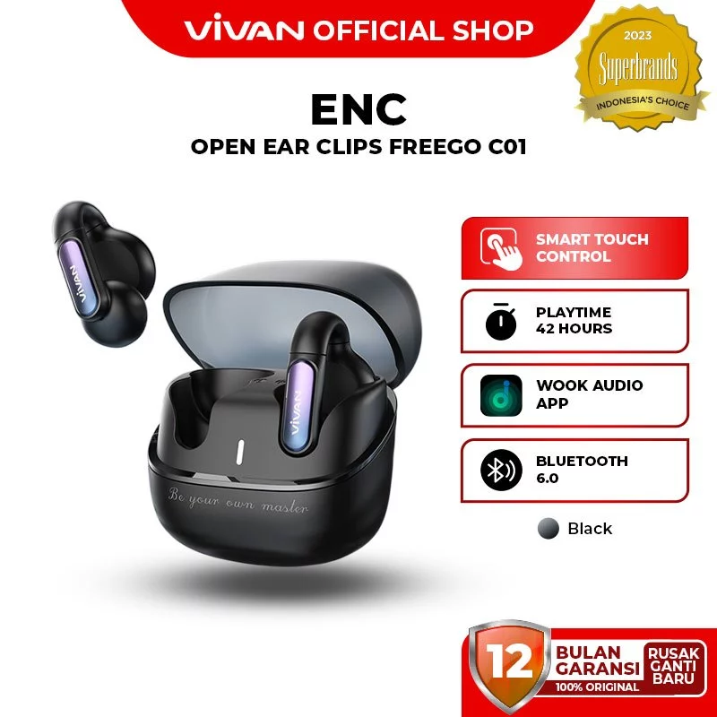VIVAN FreeGo Ear Clip TWS Bluetooth 5.4 With Flash Connect 6.0 ENC Ultra Wide Audio Garansi 12 Bulan