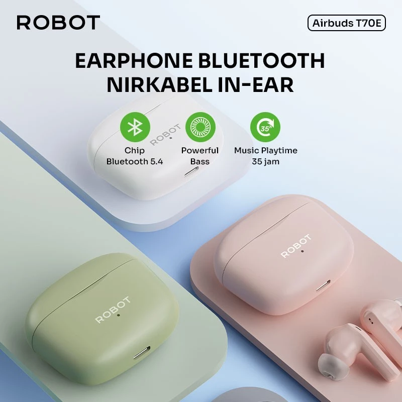 ROBOT TWS Earphone Airbuds T70E Deep Bass Bluetooth 5.4 Original - Garansi 1 Tahun