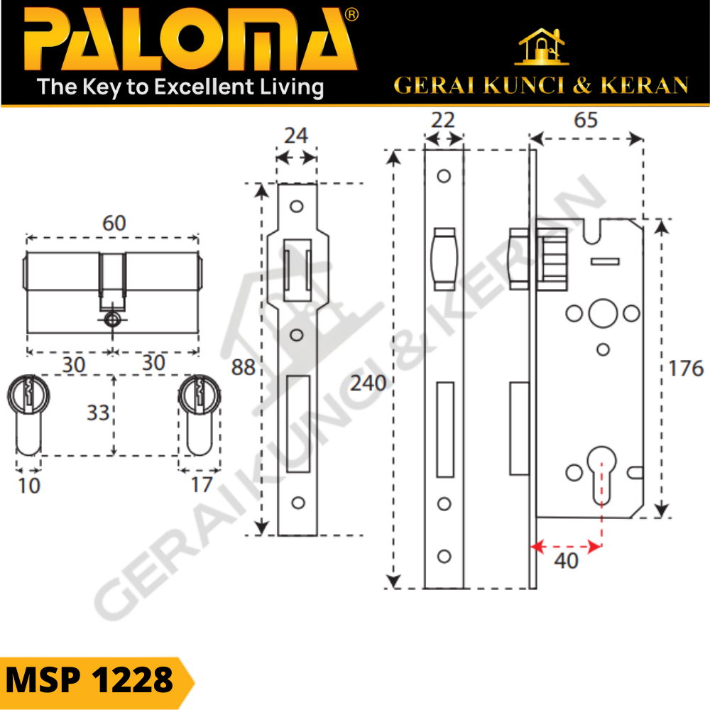 Jual PALOMA MSP 1228 Backset 40MM Body Kunci Mortise Lock Pintu Kupu ...