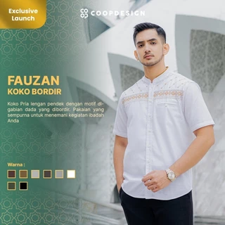 [Exclusive Baju Lebaran 2025] Coop Design - Fauzan Koko Kerah Changi Collarless Katun Dengan Saku Bordir Pria Lengan Pendek