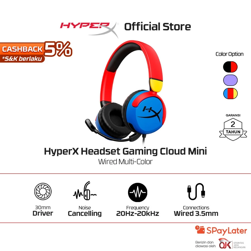 HyperX Headset Gaming Cloud Mini Wired - Black / Lavender / Multi-Color Noise Cancelling Leather Stereo Bass Android iOS Led RGB