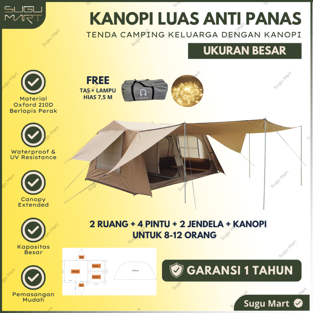 Tenda Camping Kanopi 8 - 12 Orang Double Layer Waterproof Anti UV | Tenda Camping 2 Ruang | Tenda Camping Keluarga Besar | Tenda Camping 10 Orang | Tenda Keluarga | Tenda Camping Outdoor