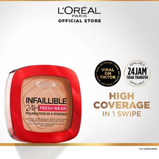 L'Oréal Paris Infallible 24h Fresh Wear Powder Foundation High Coverage, Fresh and Matte Finish Makeup - 9gr (Bedak Matte Tahan 24 Jam)