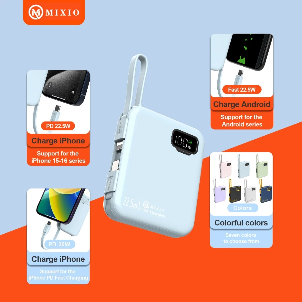 MIXIO MP-08 5000mAh Powerbank Mini 20W With Kabel Fast Charging Lightning & Type C For Iphone/Android
