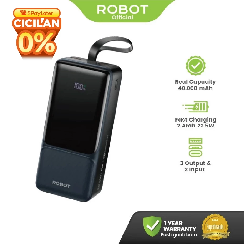 ROBOT Powerbank Fast Charging 22.5W 40.000mAh Real Capacity 3 Port USB Type C RT40 Original - Garansi 1 Tahun