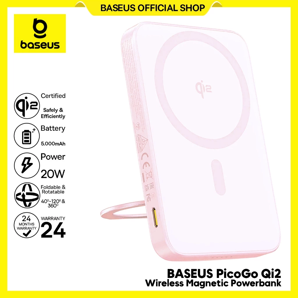 Baseus PicoGo Qi2 Magnetic Power Bank with Rotatable Stand 5000mAh 20W Baby Pink