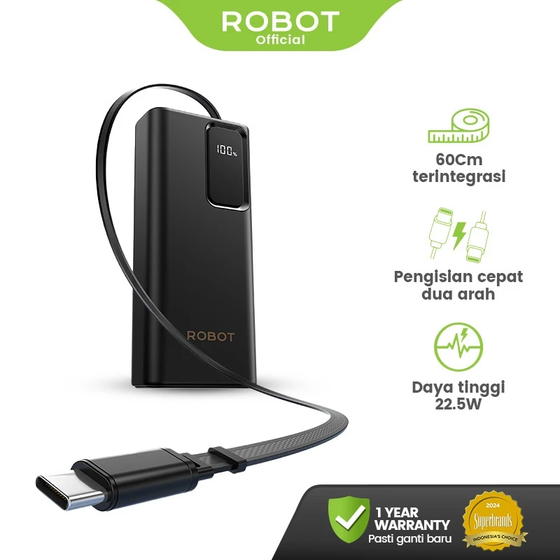 ROBOT Powerbank Fast Charging 10000mAh 22.5W Built IN Type-C Cable 60cm Dual Input dan Dual Output With LED Display