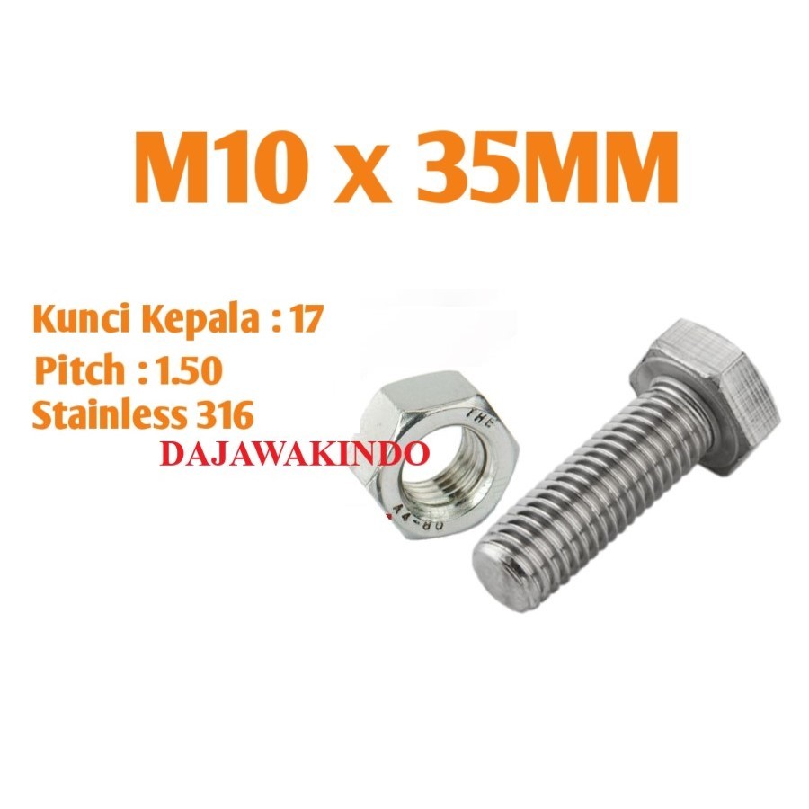 Jual Baut Mur Stainless M10 x 35 mm / Bolt Nut Stainless Steel 316 ...