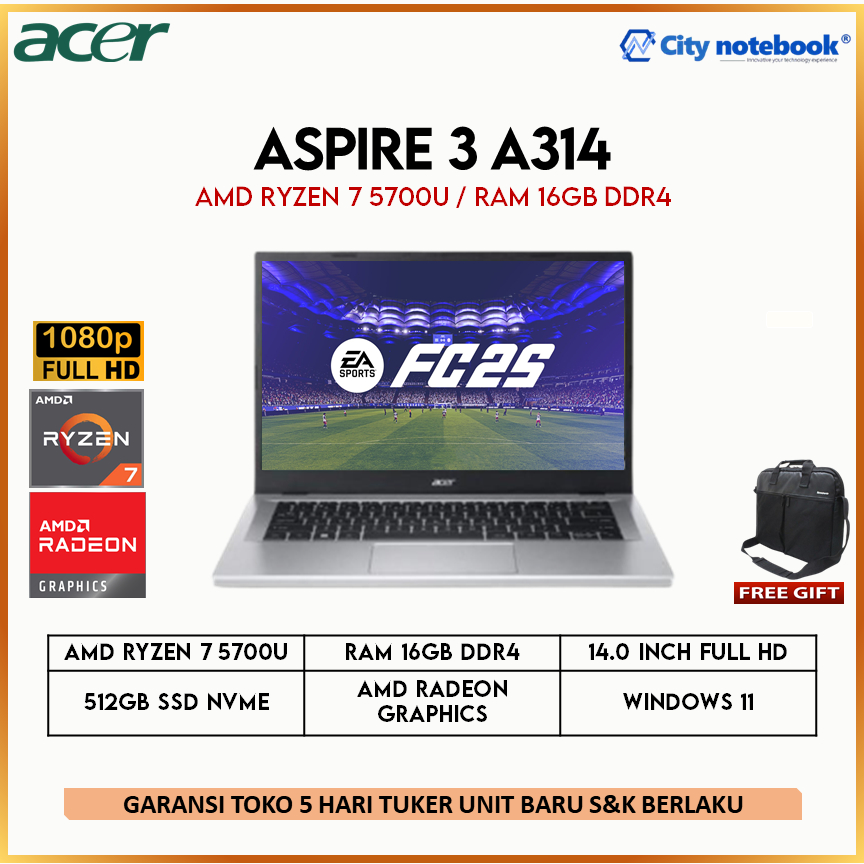 ACER Aspire A314 Ryzen 7-5700U RAM 16GB 512GB SSD FHD WIN 11 - Main Image
