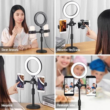 Paket Tripod 2 Holder Phone HP Smartphone Mobile Phone Beauty Stand Lampu Selfie LED RingtLight
