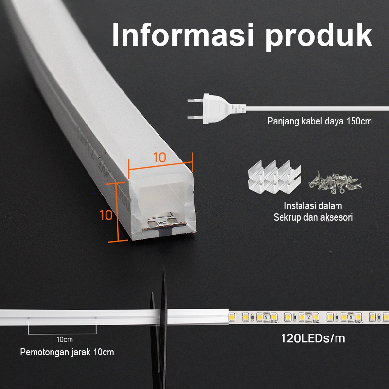 Jual Lampu LED Neon Flex Strip 10x10mm 220V - Warm White / Anti Air ...