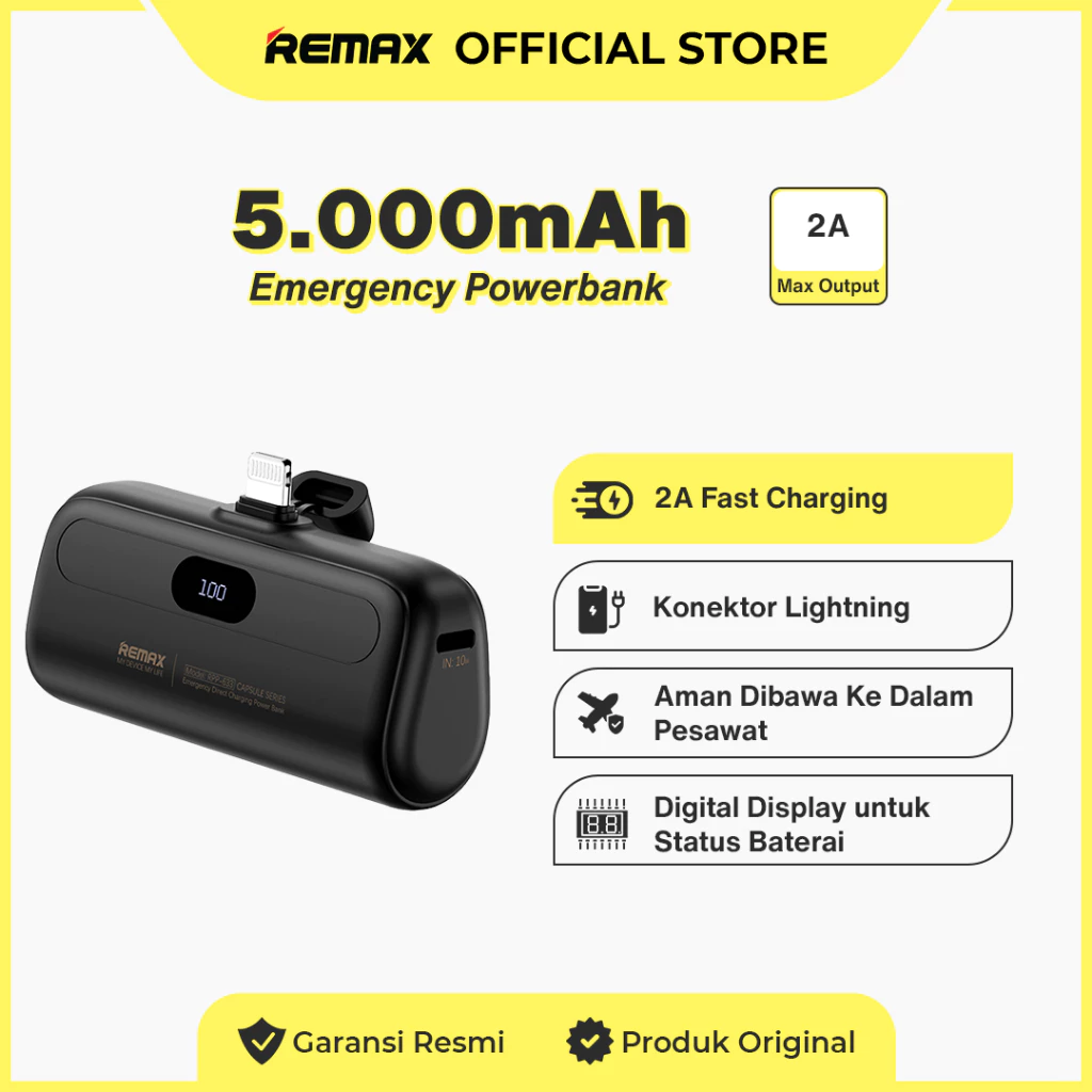 Remax Powerbank 5000mAh Flight Friendly 2A iPh Connector Direct Charging RPP-633