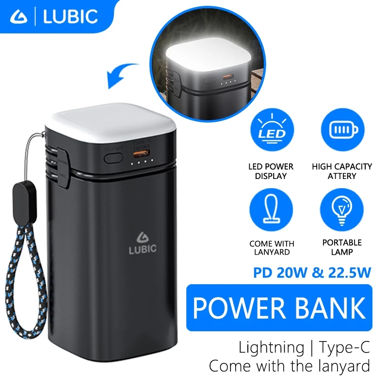 Lubic Power Bank 20000mAh Fast Charging Power Bank 22.5W Type-C Kabel Lampu Emergency Senter LED