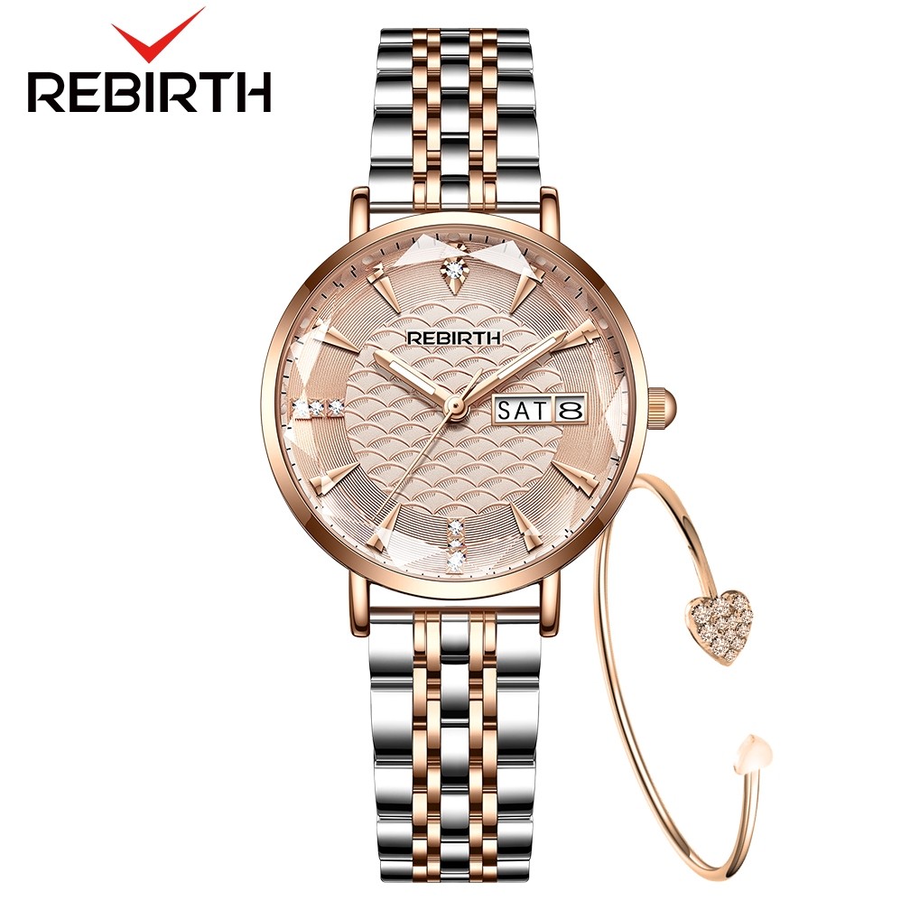REBIRTH Jam Tangan Wanita Original Anti Air Korea Mewah Kuarsa Kalender Tali Stainless Steel JamTangan Cewek