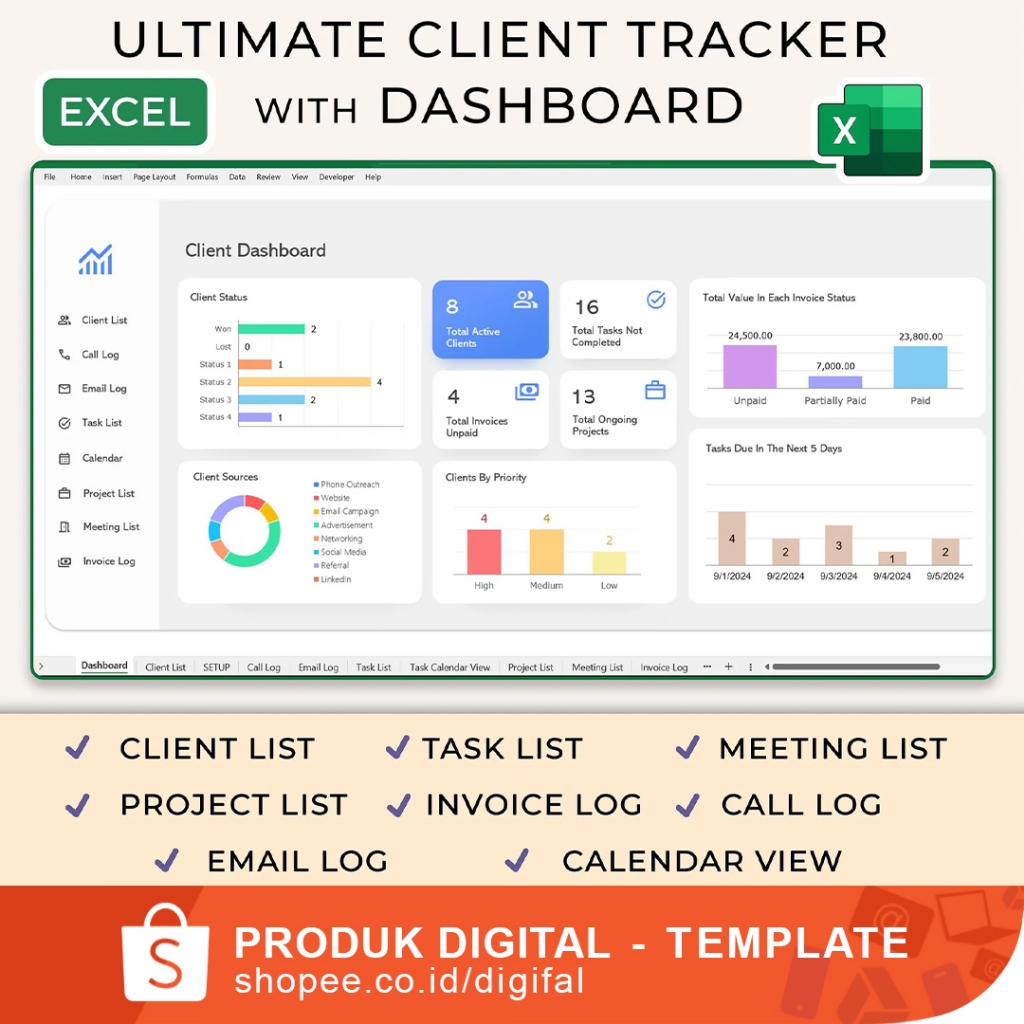 Excel Client Tracker  CRM Dashboard, Small Business Template, Excel Business Tracker, Business Planner Business Spreadsheet, Lead Tracker