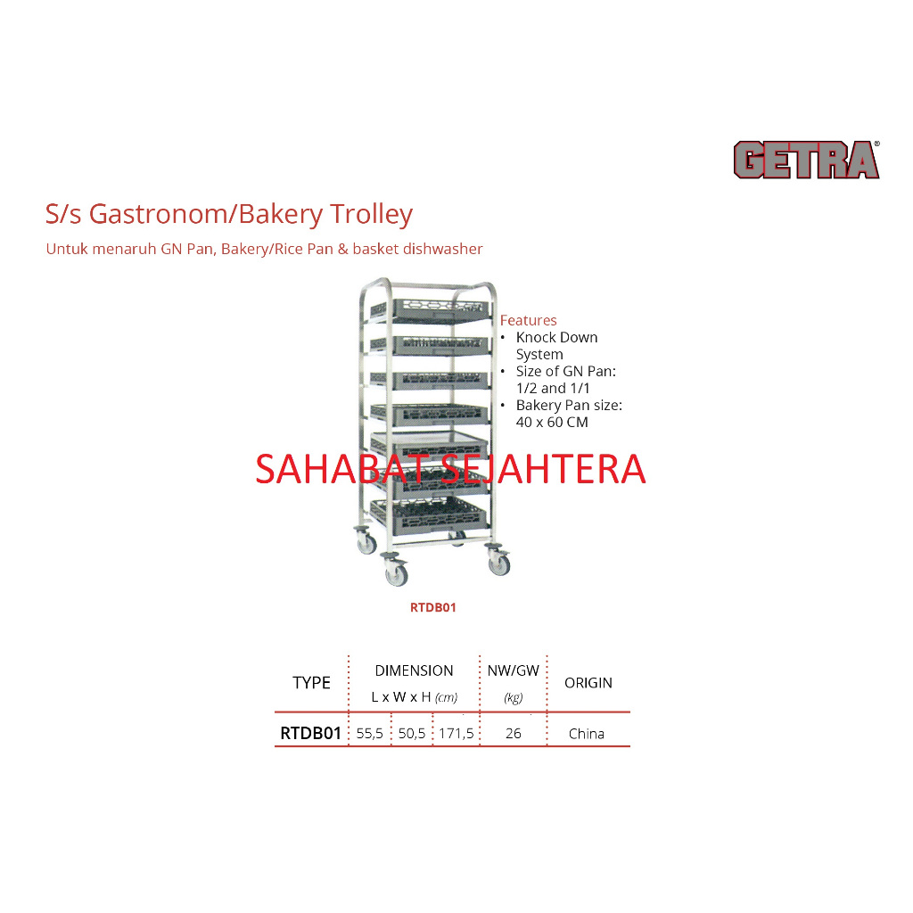 Jual GETRA Trolley GN Pan & Bakery RTDB01 | GN Rack Trolley Stainless ...
